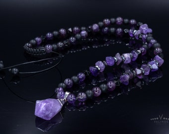 Amethyst Pendant Necklace / Men's Crystal Necklace / Gift for Men / Long Beaded Necklace / Amethyst Jewelry / Black Onyx Necklace for Men