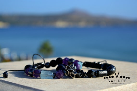 Men s Aquamarine Bracelet Amethyst Gemstone Bracelet Wolf Bead