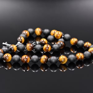Tiger's Eye Beaded Necklace Men's Gemstone Necklace Onyx Necklace Gift for Men Men's Jewelry Herren Kette Men's Knotted Necklace for Him