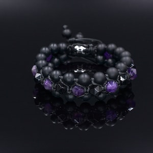 Men&#39;s Amethyst Crystal Bracelet 3 Row Stone Bracelet Agate Bracelet Gemstone Bracelet Gift for Men Beaded Bracelet Wide Bracelet Macrame