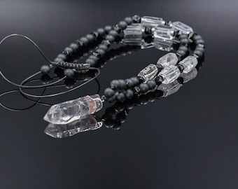 Men's Rock Crystal & Black Onyx Long Beaded Necklace, Crystal Pendant Necklace, Spiritual Protection Gift for Him