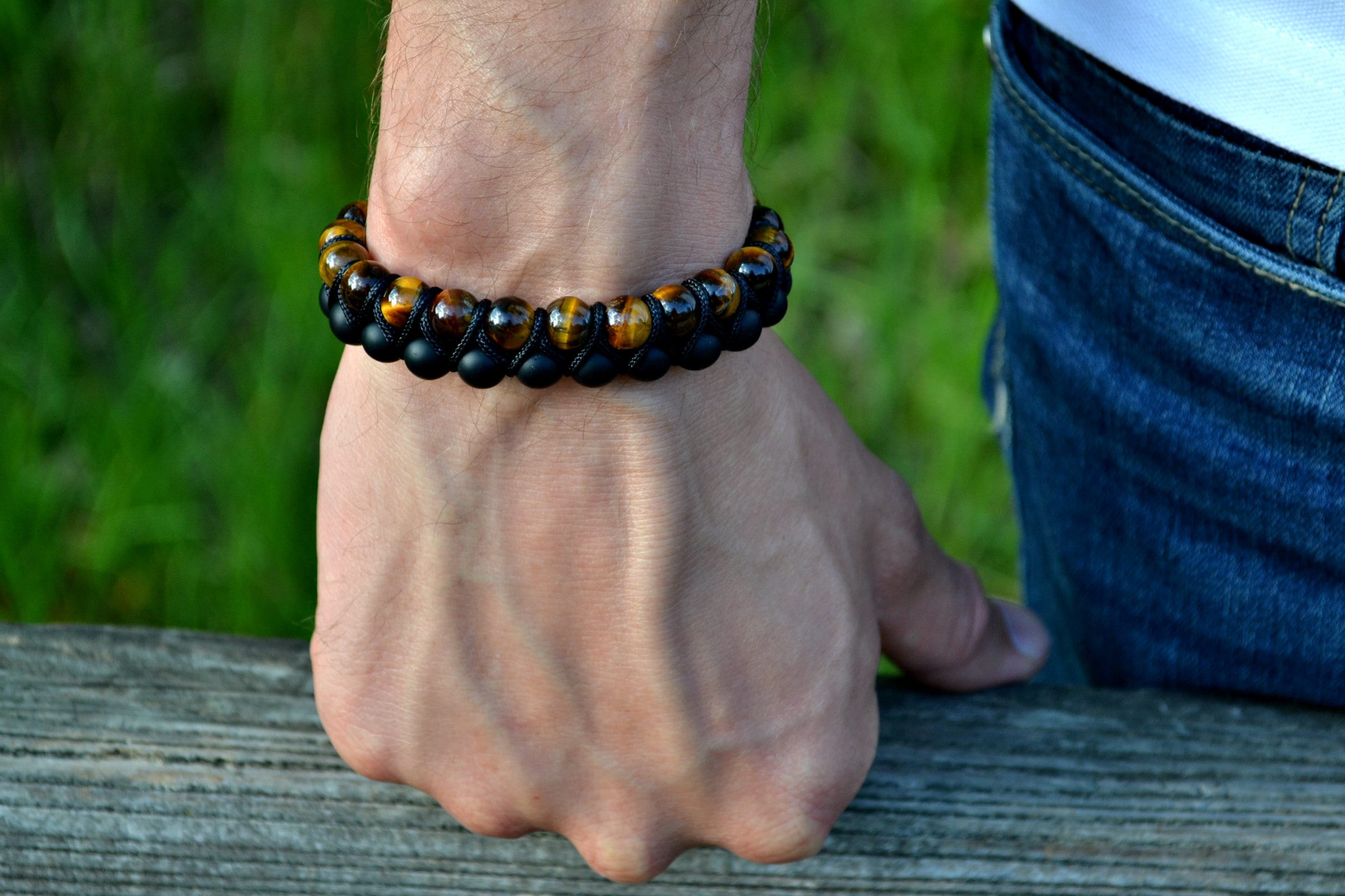 Men's Tiger's Eye Bracelet Double Beaded Bracelet Onyx | Etsy