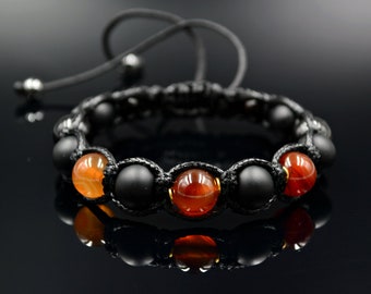 Men&#39;s Black Agate Bracelet Beaded Bracelet Onyx Bracelet Gift for Men Fire Agate Bracelet Orange Bracelet Macrame Bracelet Stone Bracelet