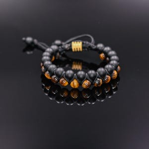 Herren Tigerauge Armband Doppel Perlen Armband Onyx Armband Edelstein Armband Geschenk für Männer Verstellbares Armband Steinarmband Makramee