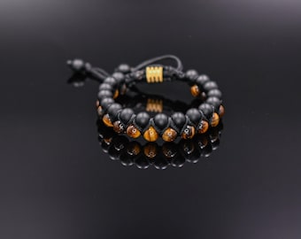 Bracciale in occhio di tigre da uomo, bracciale con perline doppie, bracciale in onice, bracciale con pietre preziose, regalo per uomo, bracciale regolabile, bracciale in pietra, macramè