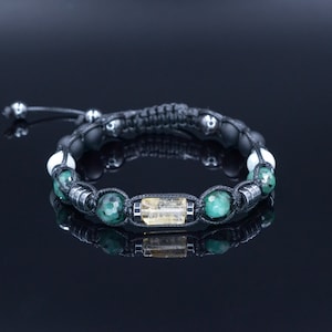 Men&#39;s Genuine Emerald Bracelet - Citrine Bead Bracelet - Gift for Men - Adjustable Crystal Bracelet - Black Onyx & Jade Bracelet for Men