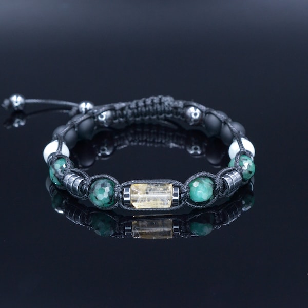 Men's Genuine Emerald Bracelet - Citrine Bead Bracelet - Gift for Men - Adjustable Crystal Bracelet - Black Onyx & Jade Bracelet for Men