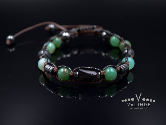 Herren Chrysopras Armband / Schwarzes Turmalit Perlenarmband / Verstellbares Edelstein Armband / Natürliches Grünes Chrysopras Perlenarmband