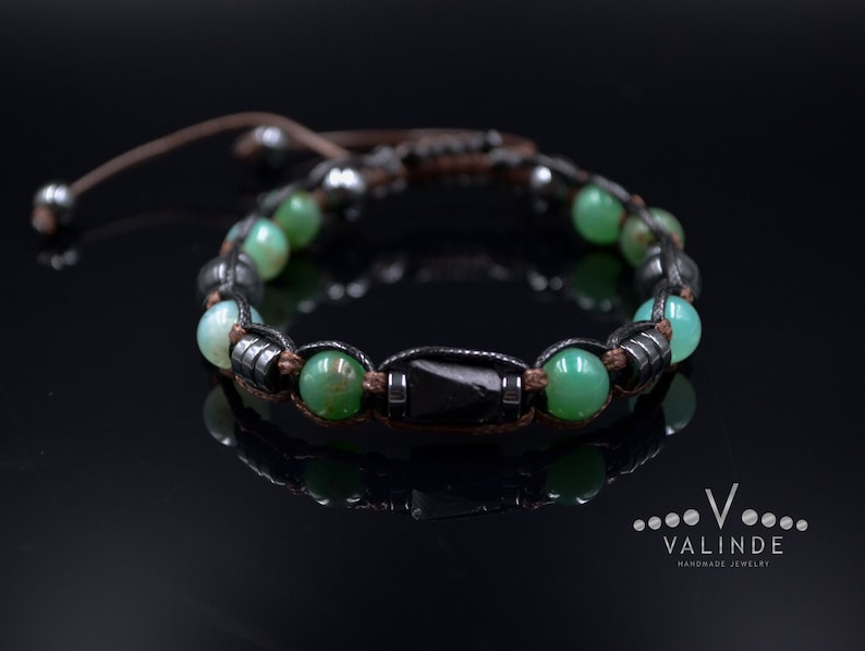 Herren Chrysopras Armband / Schwarzes Turmalit Perlenarmband / Verstellbares Edelstein Armband / Natürliches Grünes Chrysopras Perlenarmband image 1