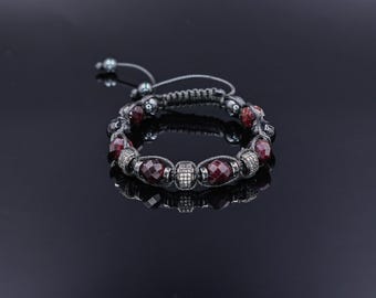 Men's  Red Garnet Bracelet, Agate Hematite Beaded Bracelet for Men, Cubic Zirconia Paved Jewelry, Protection Healing Crystal Gift
