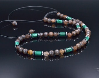 Malachite Bronzite Beaded Necklace, Men's Short Adjustable Necklace, Brown Agate Crystal Necklace, Gift for Men, Hematite Stone Necklace