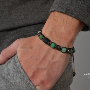 Herren Chrysopras Armband / Schwarzes Turmalit Perlenarmband / Verstellbares Edelstein Armband / Natürliches Grünes Chrysopras Perlenarmband image 10