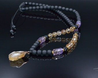 Men's Citrine Pendant Necklace, Ametrine Black Onyx Hematite Beaded Necklace,Long Adjustable Necklace, Gift for Men,Crystal Necklace for Men