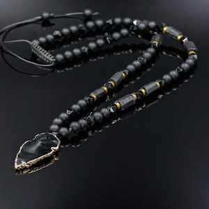 Men&#39;s Protection Necklace, Black Tourmaline Pendant Necklace, Onyx Agate Adjustable Necklace, Long Beaded Stone Necklace, Gift for Men