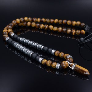 Men&#39;s Tiger&#39;s Eye & Hematite Beaded Necklace - Long Necklace - Gift for Men- Father&#39;s Day Gift - Tiger Eye Pendant Necklace - Onyx Necklace