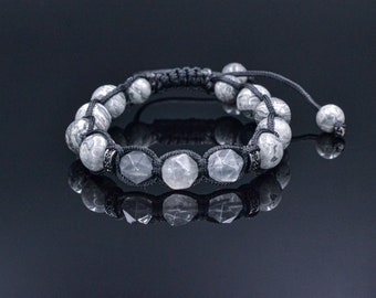 Graues Jaspis Armband, Herren Quarz Perlen Armband, Geschenk für Männer, Weihnachtsgeschenk, Jaspis Stein Armband, Makramee Armband