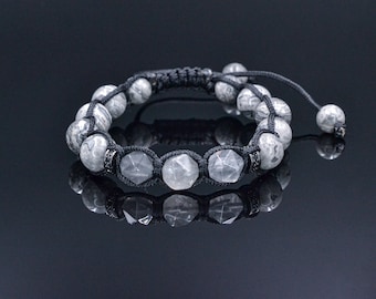 Grey Jasper Bracelet Men, Men's Gemstone Braided Adjustable Bracelet, Quartz Crystal Bracelet, Gift for Him,Father's Day Gift,Stone Bracelet