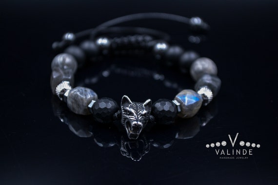 Herren Wolfskopf Perlen Armband Echte Labradorit Armband StahlPerlen Armband Geschenk für Mann Schwarz Onyx Armband Mann Stahl Armband