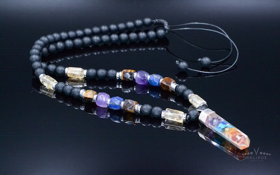 Healing Chakra Pendant Necklace - Men's Citrine Amethyst Onyx Tiger's Eye Crystal Necklace - Gift for Men - Long Beaded Adjustable Necklace
