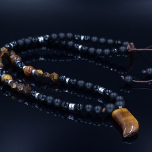 Tiger&#39;s Eye Pendant Necklace for Men - Long Crystal Necklace - Men&#39;s Black Onyx Necklace & Hematite - Gift for Men - Beaded Necklace