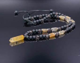 Protection Necklace for Men, Citrine Pendant Onyx Smoky Quartz Beaded Necklace, Crystal Point Jewelry, Healing Stone Gift for Him