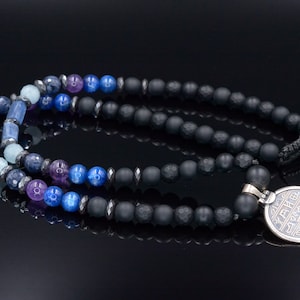 Sterling Silver Greek Coin Necklace - Men&#39;s Sapphire Kyanite Amethyst Necklace - Greek Pendant Necklace - Long Beaded Necklace- Gift for Men
