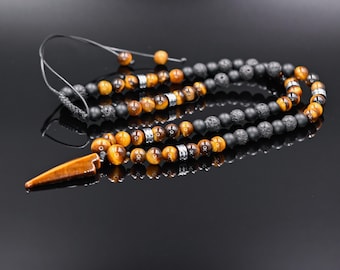 Men&#39;s Tiger&#39;s Eye Arrow Pendant Necklace Long Beaded Necklace Black Onyx Necklace Lava Stone Necklace Hematite Necklace Gift for Men