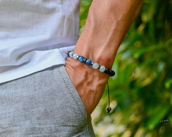 Blue Kyanite and Aquamarine Men's Bracelet, Black Onyx Hematite Beaded Macrame Wristband, Masculine Protection Gemstone Jewelry Gift