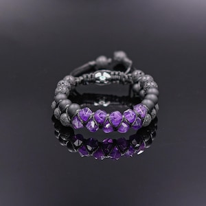 Amethyst Double Row Bracelet Men&#39;s Braided Bracelet Onyx Bracelet Gift for Men Adjustable Crystal Bracelet Lava Stone  Macrame Bracelet