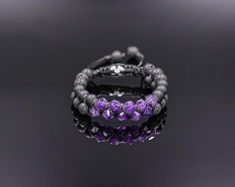 Bracciale a doppia fila di ametista, bracciale intrecciato da uomo, bracciale in onice, regalo per uomo, bracciale regolabile con cristalli, bracciale in macramè con pietra lavica