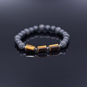 Tiger&#39;s Eye Stretch Bracelet, Men&#39;s Black Onyx Lava Stone Bracelet, Gift for Men, Elastic Beaded Bracelet, Christmas Gift, Men&#39;s Gift