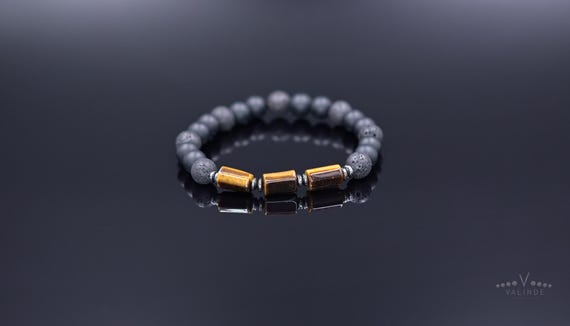 Bracelet Œil De Tigre Pour Hommes - Perles Naturelles 8mm - Pierre De Lave Et Howlite - Set De 3