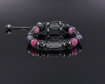 Men's Ruby Sapphire Bracelet, Tourmaline Hematite Beaded Bracelet for Men, Natural Precious Stone Jewelry, Luxury Healing Crystal Gift