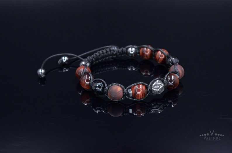 Rotes Tigerauge Geflochtenes Armband für Männer Herren Armband aus Stahlperlen Geschenk für Männer Verstellbares Makramee Edelstein Armband Vatertagsgeschenk Bild 3