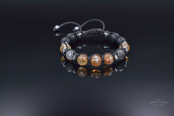 Genuine Citrine Braided Bracelet, Men's Labradorite Black Onyx Hematite Beaded Bracelet, Gift for Men, Adjustable Macrame Crystal Bracelet