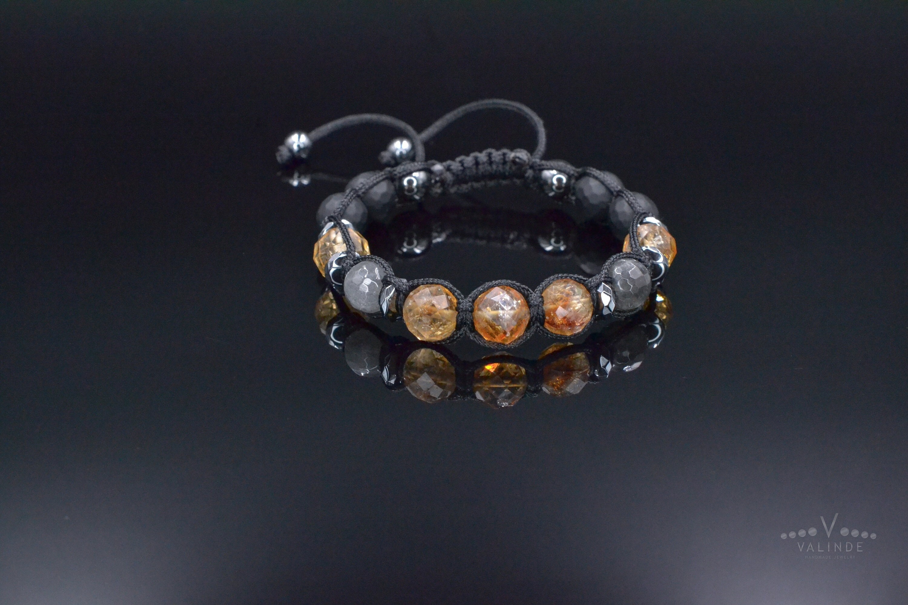 Bracelet Ajustable En Cristal Crack Jaune Et Agate Noire - Pierres Semi-précieuses, Acier Inox, Neuf Avec étiquettes