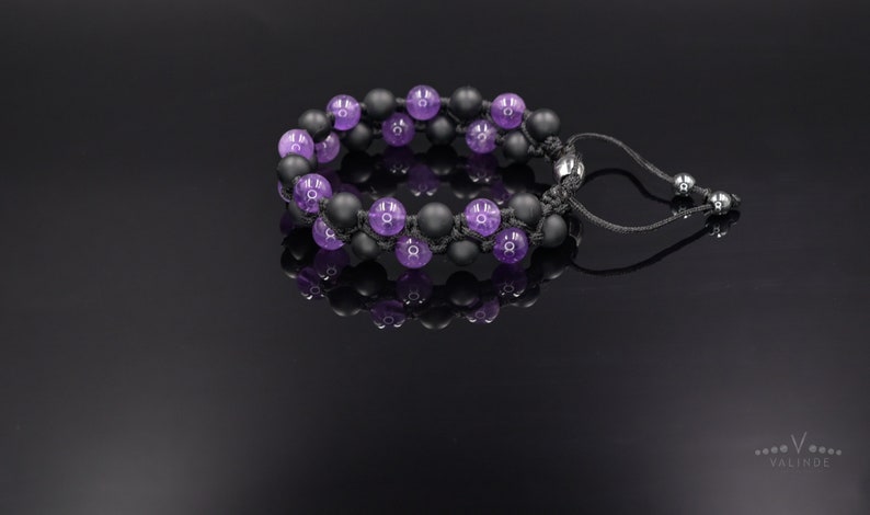 Amethist dubbele armband, heren dubbele rij armband, zwarte onyx armband, verstelbare macrame armband mannen, cadeau voor mannen, gevlochten armband afbeelding 5