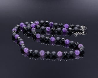Amethyst Knotted Necklace Men's Black Agate Necklace Long Beaded Necklace Crystal Bead Necklace Onyx Necklace HandKnotted Necklace