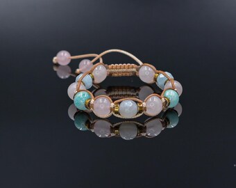 Braided Rose Quartz Aquamarine Amazonite Bracelet, Natural Stone Jewelry for Women, Gift for Her