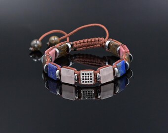 Lapis lazuli, Rose Quartz, Bronzite Square Bead Bracelet, Protection Bracelet gift for Him, Stainless Steel Jewelry,Healing Crystal Bracelet