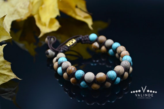 Bracelet pierre naturelle jaspe bleu réglable femme double rang | Leriana