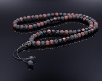 Men's Long Red Tiger's Eye and Onyx Beaded Necklace, Boho Lava Rock Strand, Handcrafted Masculine Gemstone Jewelry Protective Gift
