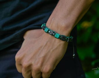 Cube Malachite and Lava Stone Men's Bracelet, Hematite Beaded Macrame Wristband, Masculine Geometric Protection Gemstone Jewelry Gift