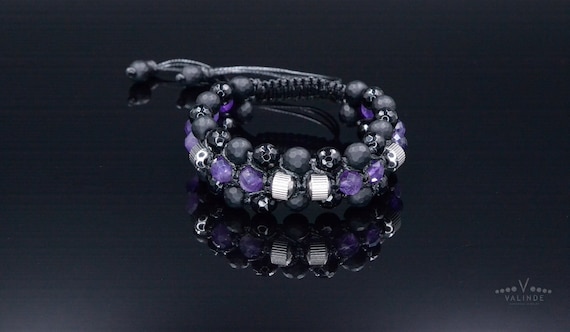 Bracelets Perles Améthyste Agate Violette & Onyx Triple Rang