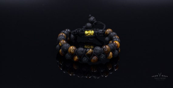 LavaStein Doppelarmband Herren Kristall Armband Tigerauge Perlenarmband Edelstein Armband Verstellbar Armband Makramee PerlenArmband