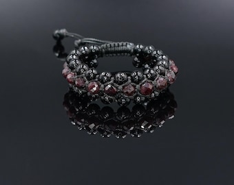 Men's Red Garnet Agate Protection Stone Bracelet, Gift for Men, Triple Row Adjustable Braided Bracelet