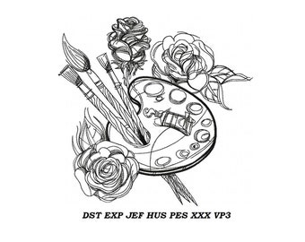 Paints, palette and brushes Machine embroidery design - contour stitch embroidery Instant downloadable file