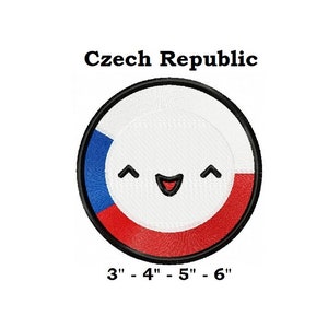 May include: Embroidered patch featuring a cartoon face with a smiling mouth and eyes, designed to look like the Czech Republic flag. The flag is red, white, and blue. The patch is available in sizes 3 inches, 4 inches, 5 inches, and 6 inches.