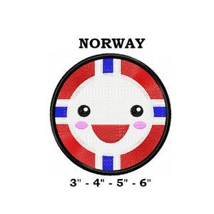May include: A round, red, white, and blue embroidered patch with a smiling face. The patch has the word "NORWAY" above it and the text "3" - "4" - "5" - "6" below it.