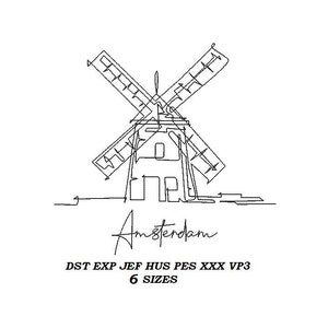 May include: Line art drawing of a windmill with the word "Amsterdam" written below it. The text "DST EXP JEF HUS PES XXX VP3 6 SIZES" is also included.